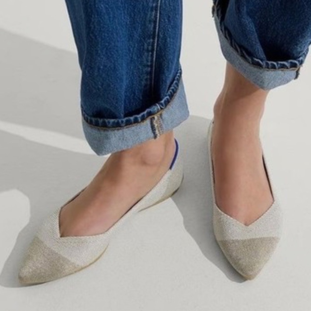 Rothy's NWOB The Pointed Flat Diamond Metallic Cream Gold Blue - Sz 8